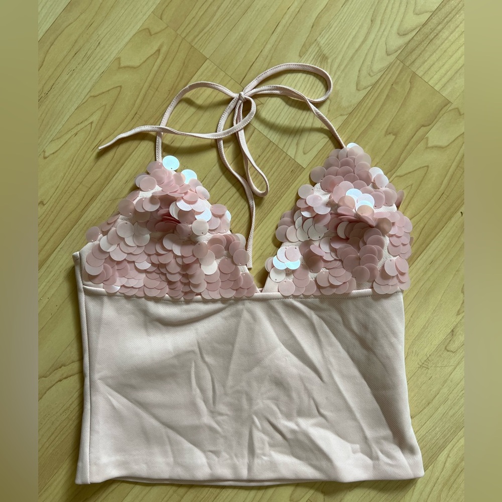 Pink Zara combined sequin tank top halter View 5
